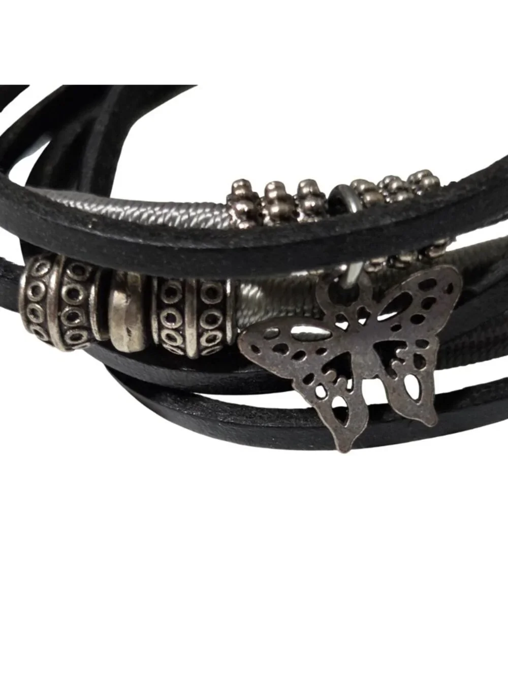 Whimsy Goth Black Leather Bracelet Silver Tone Beads Butterfly Charm Jewelry